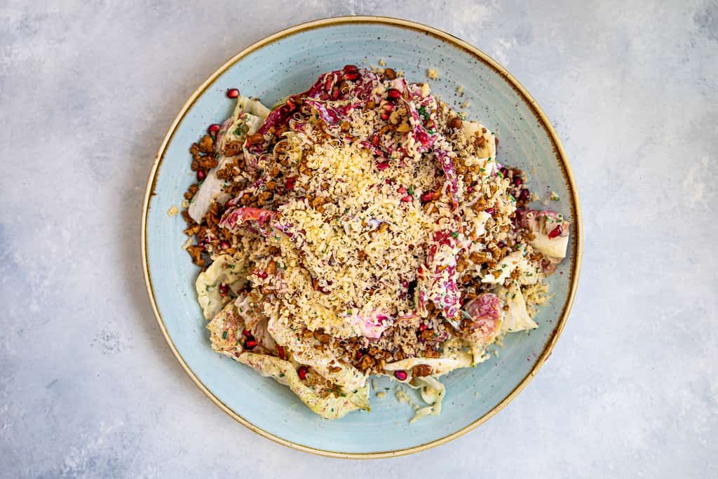 prepared plate of radicchio salad by chef gabriel