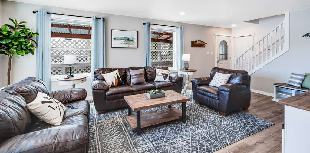 beautifully designed living room of lake home in black diamond, washington