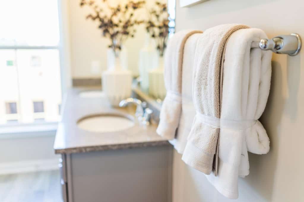 Towels hanging in a bathroom.