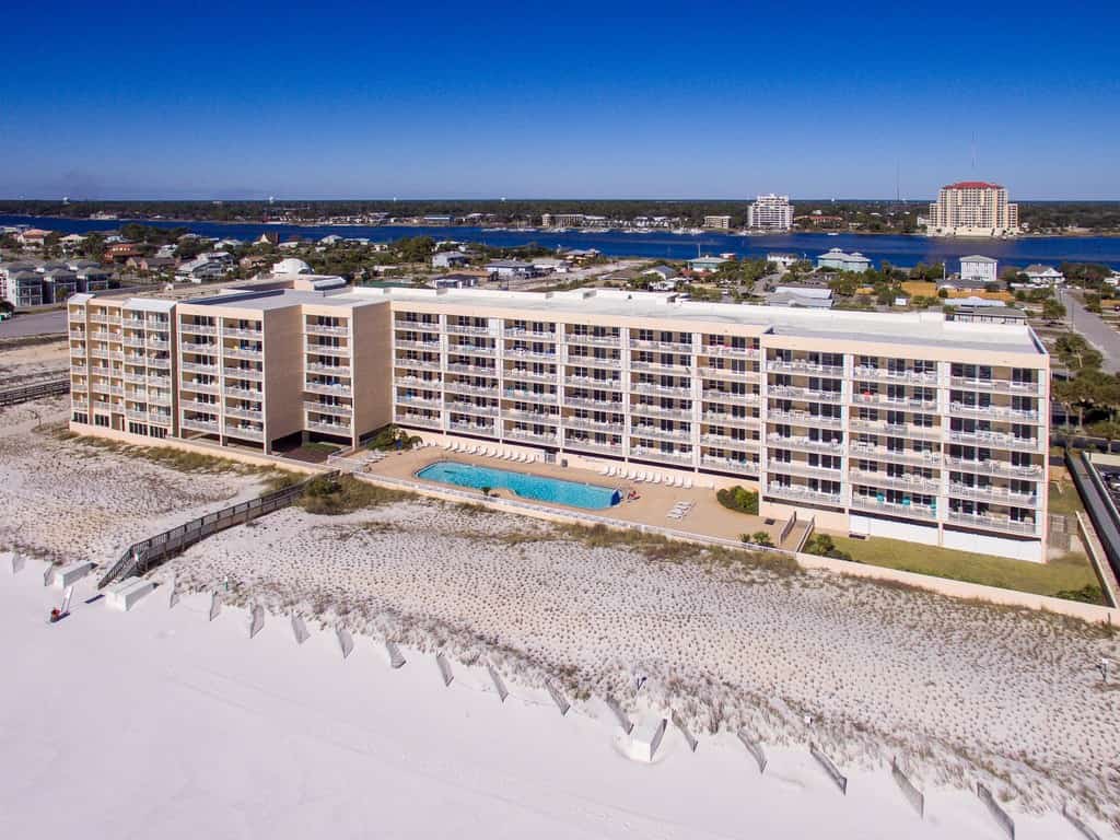 aerial view of the islander beach resort with large outdoor pool