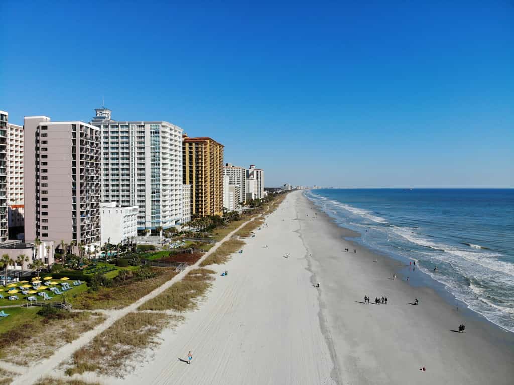 View of several oceanfront beach resorts in Myrtle Beach, SC