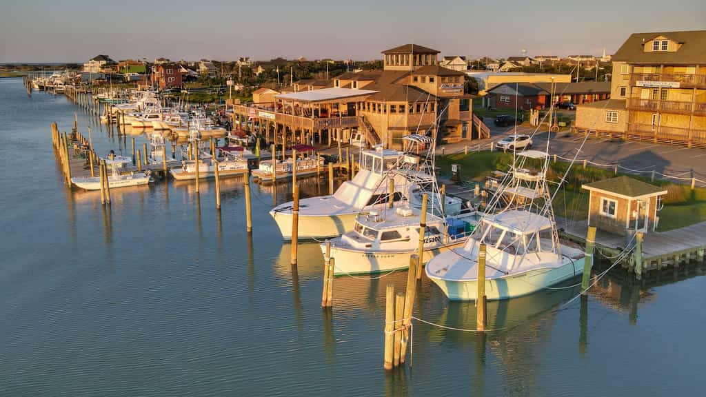 Boats docked at the marina at Hatteras Island on the Outer Banks of North Carolina.