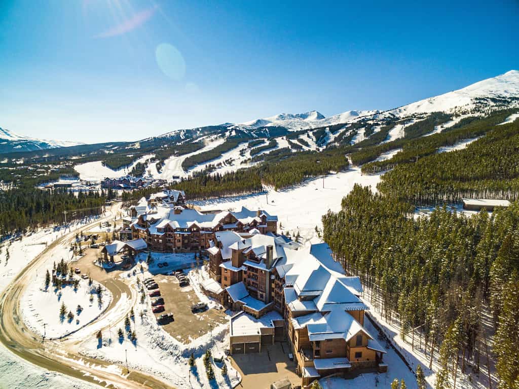 Aerial view of Breckenridge Ski Resort’s Peak 7 and Peak 8 in Colorado, USA