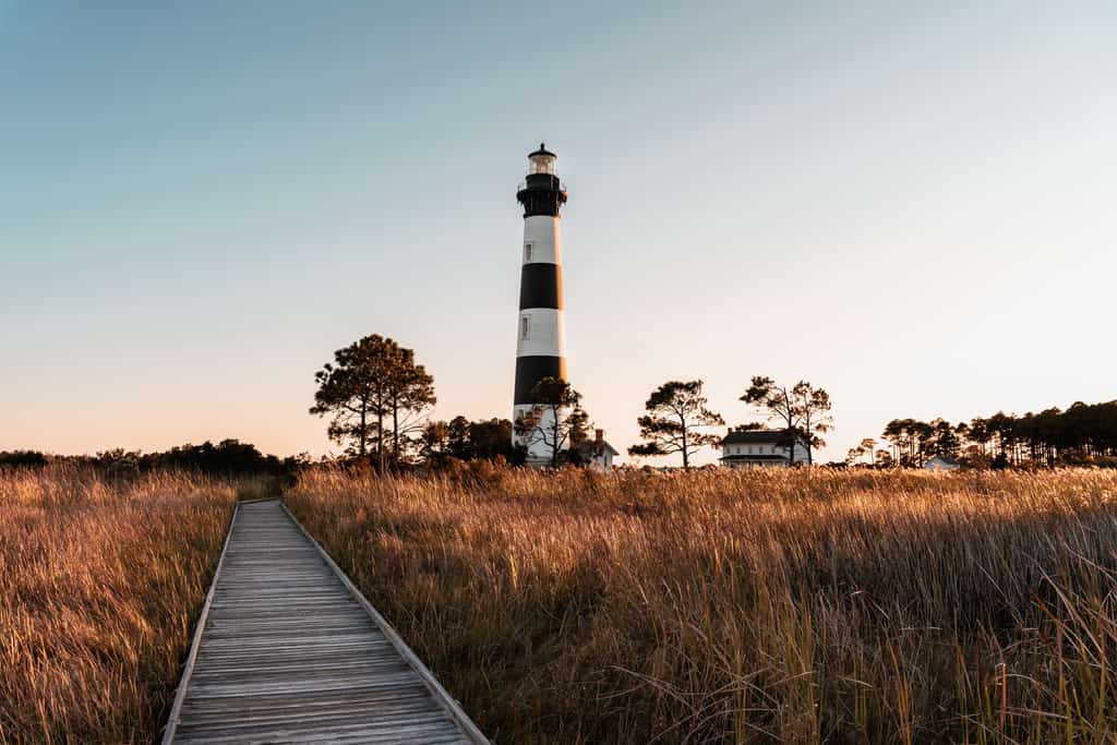 The Outer Banks light house as seen from a walkway.