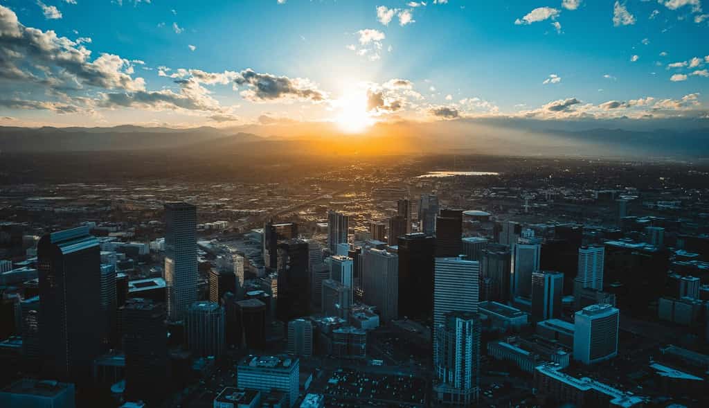 Aerial shot of the city of Denver during a sunrise