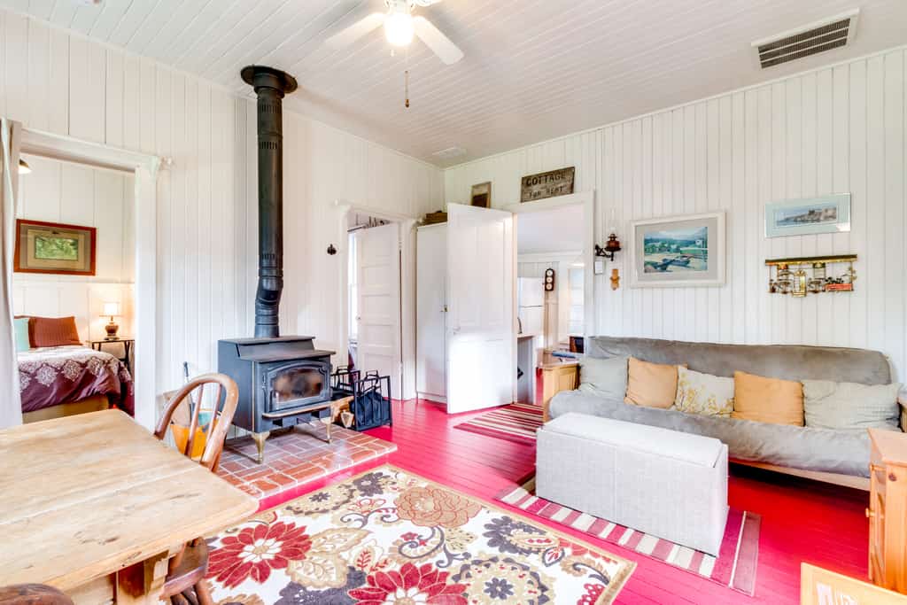 The living room of a vacation rental with chic design.