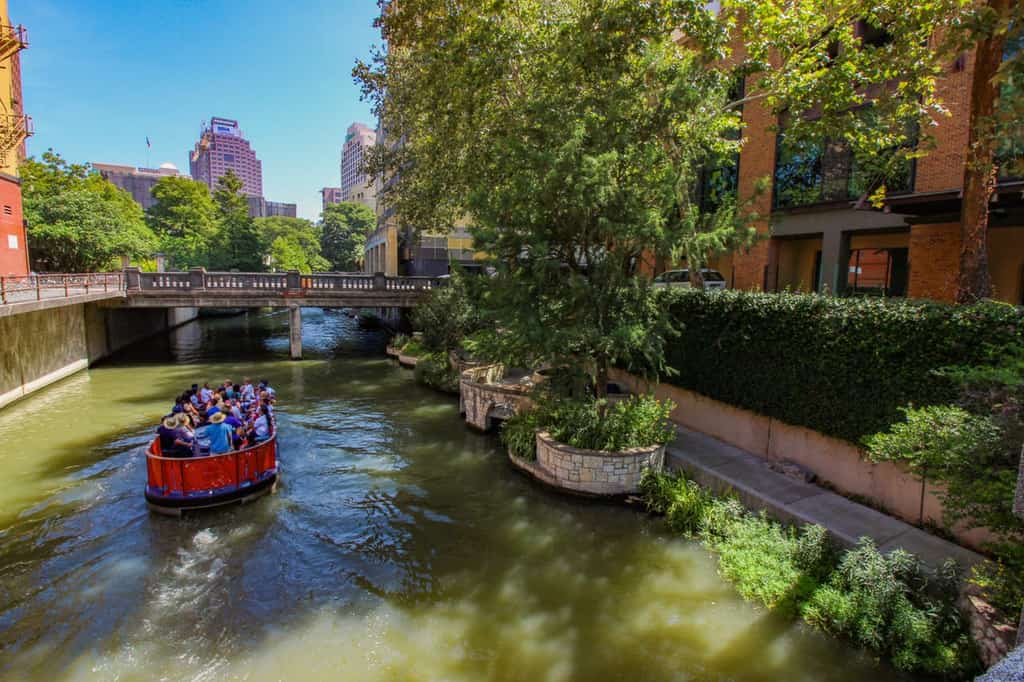 San Antonio River Walk with tourist boat