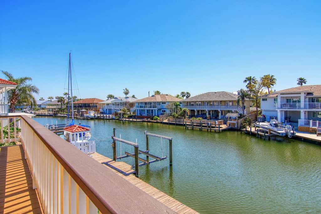 River along the Texas Gulf Coast surrounded by vacation rentals