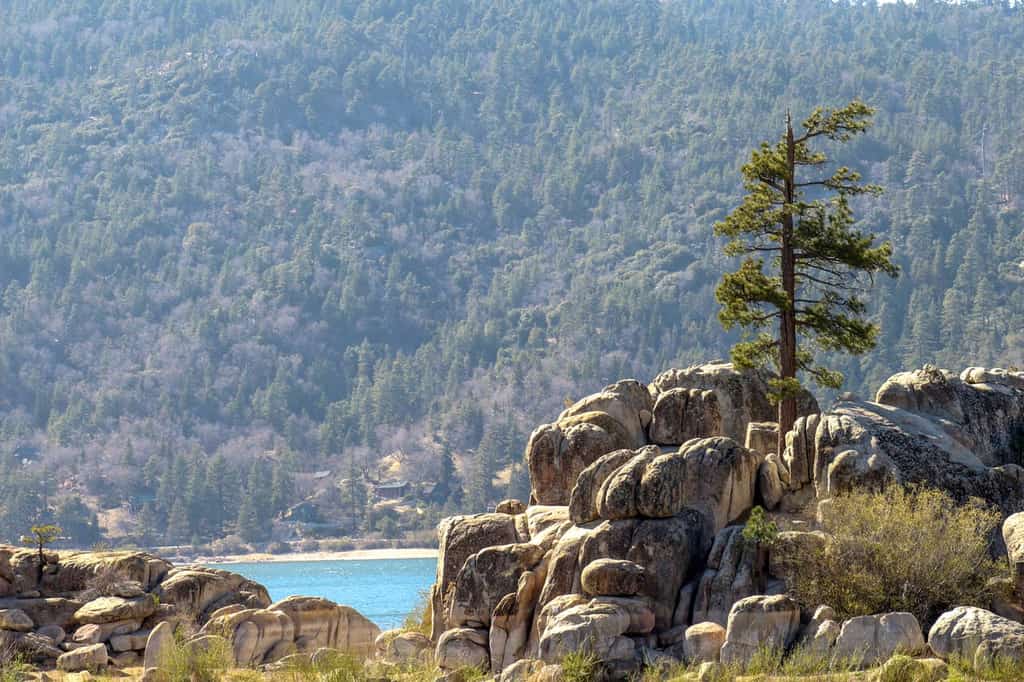 a rock formation overlooking big bear lake